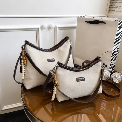 Women Vintage Canvas Shoulder Bag Retro Hobo Tote With Beads Decoration Adjustable Strap Casual Crossbody Bag Small Large