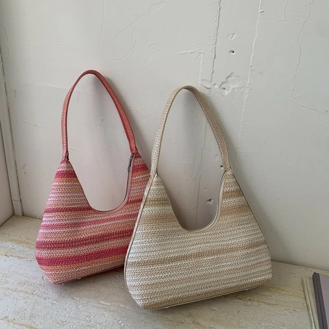 Gewebte Gestreifte Achseltasche Schultertasche Sommer Strand Urlaub Hobo Handtasche Reißverschluss Für Damen