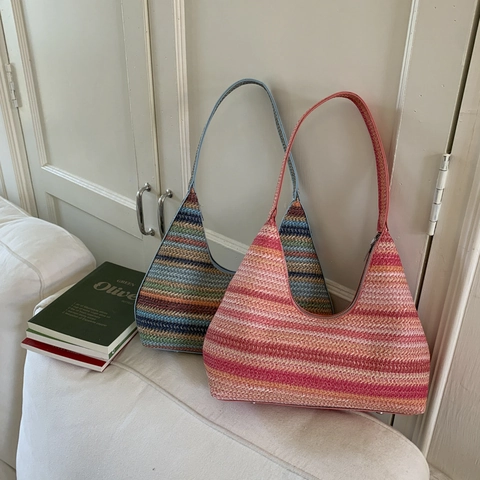 Gewebte Gestreifte Achseltasche Schultertasche Sommer Strand Urlaub Hobo Handtasche Reißverschluss Für Damen
