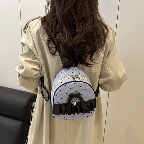 Mini Sac À Dos Imprimé Cœur Nœud Garniture À Volants Tissu Style Coréen Décontracté Pour Filles