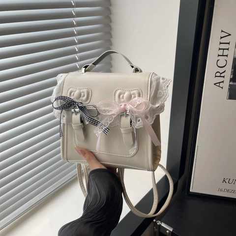 Sweet Lolita PU Leather Shoulder Bag With Lace Trim Bowknot Vintage Preppy Small Square Backpack Handbag For Women Dating