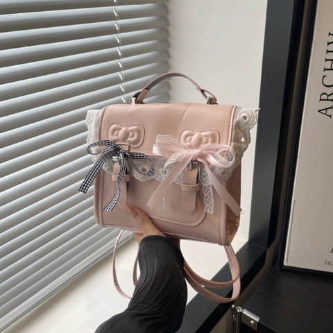 Sweet Lolita PU Leather Shoulder Bag With Lace Trim Bowknot Vintage Preppy Small Square Backpack Handbag For Women Dating