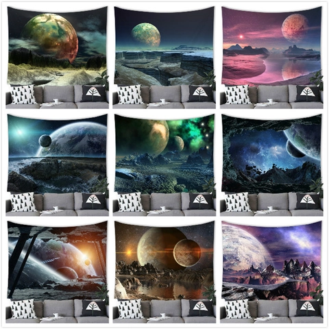 Universe Galaxy Tapestry Sci-Fi Planet Landscape Wall Hanging Polyester Fabric Decorative Blanket For Living Room Bedroom