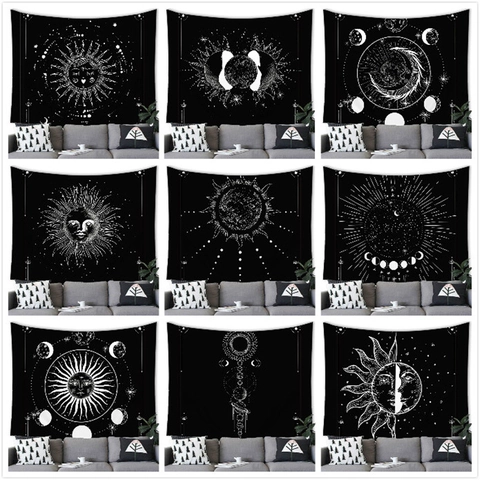 Black And White Sun Moon Celestial Tapestry Bohemian Wall Hanging Constellation Stars Moon Phase Decor For Home Living Room