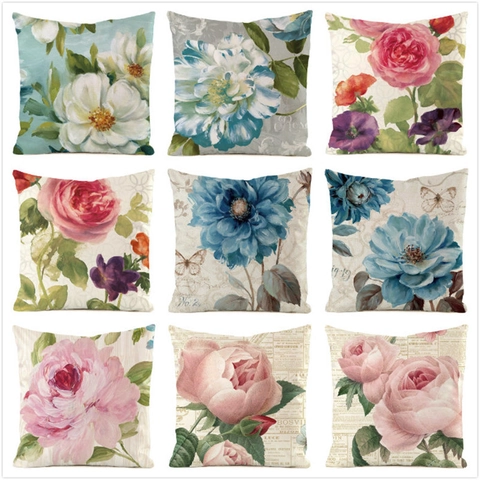 Federa per Cuscino Floreale Raso Artificiale Motivo Fiori Acquerello Federa Quadrata Retrò Pastorale Soggiorno Divano Casa