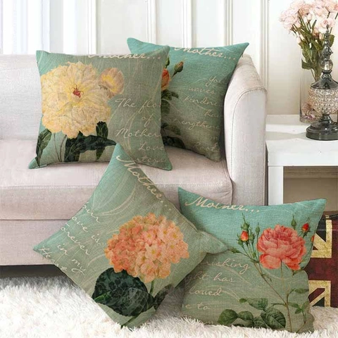 Mother Day Floral Linen Throw Pillowcase Vintage Rose Hydrangea Decorative Cushion Cover For Sofa Living Room Home Decor Gift