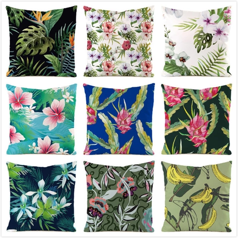 Tropical Plant Floral Satin Cushion Cover Watercolor Monstera Leaf Flamingo Print Square Decorative Pillowcase Home Decor