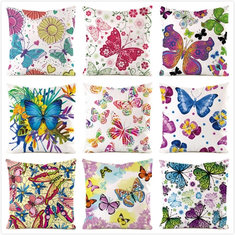 Fodera per Cuscino in Satin con Stampa di Farfalle e Fiori Quadrata Decorativa per Divano Soggiorno Camera da Letto Decorazione