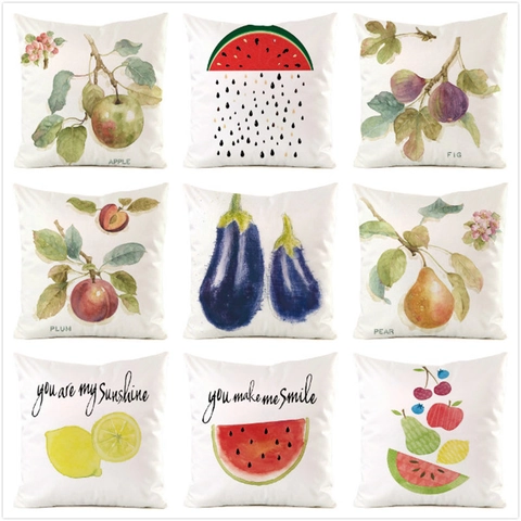 Funda de Almohada Decorativa de Satén con Frutas Y Verduras en Acuarela para Sofá Decoración del Hogar Funda Cuadrada
