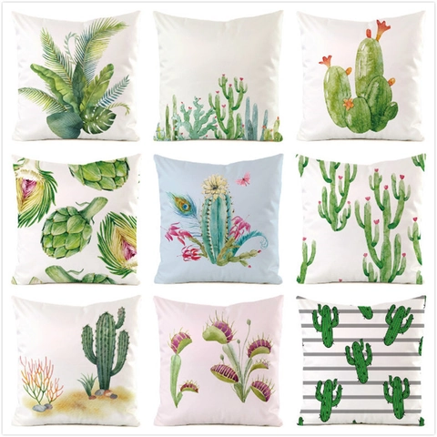 Taie d'Oreiller en Satin de Plante Tropicale Cactus Aquarelle Moderne Minimaliste Housse de Coussin Carrée Décorative pour Canapé