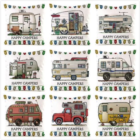 Cartoon Retro Camper RV Satin Decorative Pillowcase Happy Campers Owl Print Cushion Cover For Living Room Home Decor