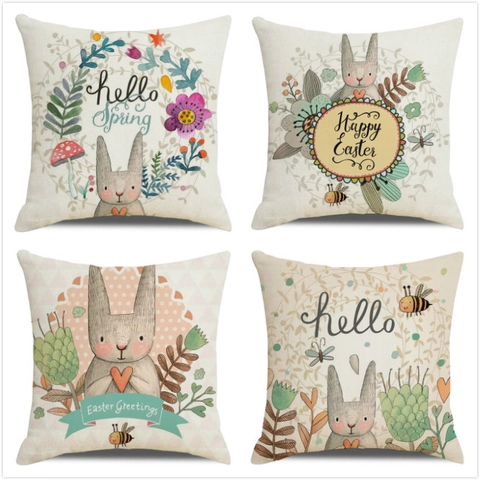 Osterhase Leinen Kissenbezug Dekorativer Kissenhülle Happy Spring Kaninchen Muster Quadratische Kissenbezug Für Zuhause