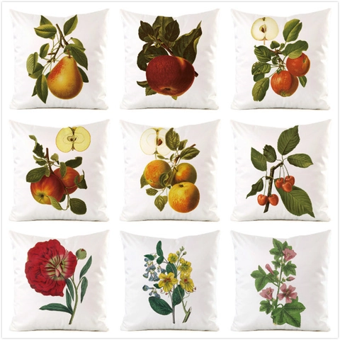 Vintage Botanical Fruit Flower Print Satin Cushion Cover White Square Decorative Pillowcase For Sofa Home Decor