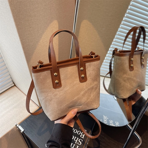 Vintage Damen PU Leder Segeltuch Patchwork Eimertasche Retro Nieten Handtasche Textur Umhängetasche Schultertasche