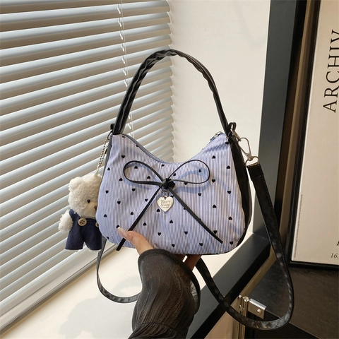 Sweet Bowknot Crossbody Bag Pleated Fabric Heart Pendant Shoulder Handbag With Teddy Bear Charm Korean Style For Women