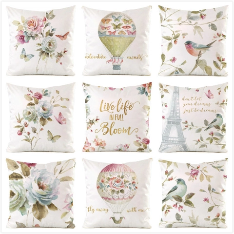 Fodera per Cuscino in Satin con Fiori e Uccelli ad Acquerello Quadrata Decorativa per Divano Soggiorno Casa Senza Imbottitura