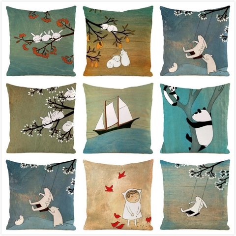 Rabbit Panda Illustration Satin Decorative Throw Pillow Case Square Sofa Cushion Cover 45x45cm Without Core Home Decor