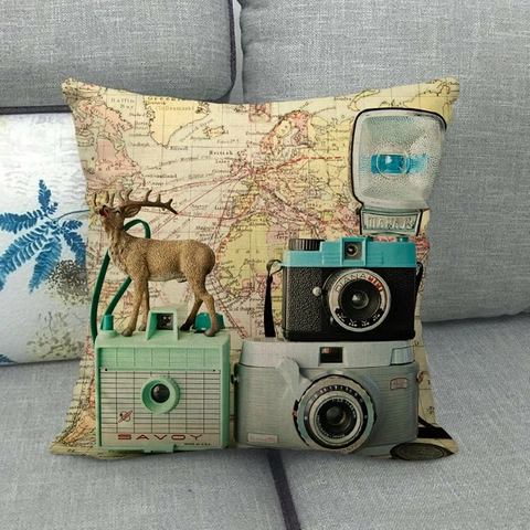 Funda De Cojín De Lino Cámara Retro Pájaro Mapa Del Mundo Vintage Estilo Viaje Cuadrada Decoración Hogar Sofá