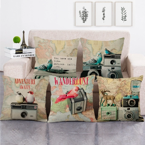 Funda De Cojín De Lino Cámara Retro Pájaro Mapa Del Mundo Vintage Estilo Viaje Cuadrada Decoración Hogar Sofá