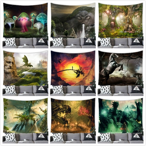 Tapiz Medieval De Fantasía Colgante De Pared Bosque Mágico Dragón Castillo Hongo Paisaje Surrealista Impresión 3D Poliéster Decoración De Pared Para Sala De Estar Dormitorio