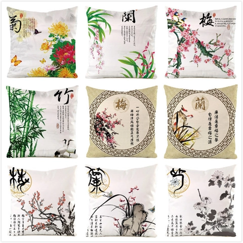 Chinese Stijl Satijn Kussenhoes Traditionele Inkttekening Pruim Orchidee Bamboe Chrysant Print Decoratieve Sierkussenhoes