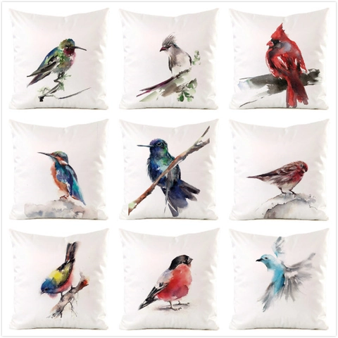 Watercolor Bird Pattern Satin Cushion Cover Square Throw Pillowcase For Sofa Living Room Home Decor Artistic Pillow Cover