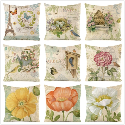 Pastoral Stil Satin Deko Kissenbezug Vintage Blumen Vögel Paris Muster Kissenhülle Für Sofa Zuhause Dekoration