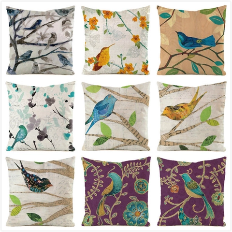 Fodera per Cuscino in Raso con Stampa Vintage Uccelli e Fiori Quadrata Decorativa per Divano Soggiorno Casa Senza Imbottitura