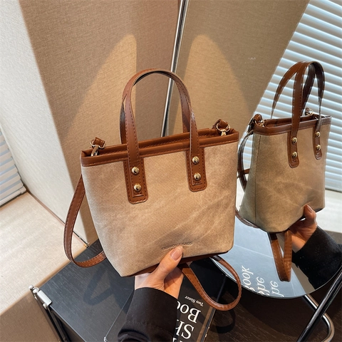 Vintage Dames Mode Schoudertas PU Leer Canvas Splicing Tote Bag Met Studs Contrast Kleur Tas Dagelijks Gebruik