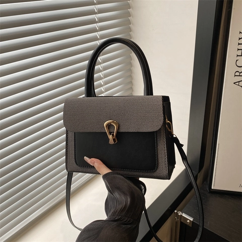 Women Patchwork Small Square Bag Minimalist Synthetic Leather Woven Handbag With Golden Horseshoe Buckle Crossbody Shoulder Bag