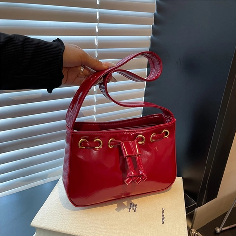 Borsa Sottoascellare da Donna in Pelle PU Lucida Moda Coulisse Decor Grande Capacità Borsa a Tracolla Minimalista Casual Tote
