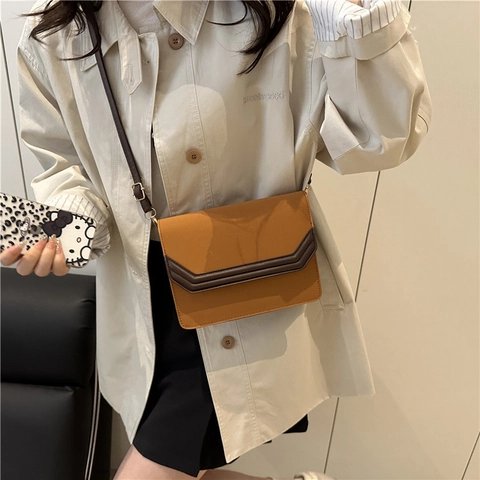 Vintage PU Leder Umhängetasche Damen Colorblock Klappe Quadratische Schultertasche Minimalistische Pendler Mode Kuriertasche