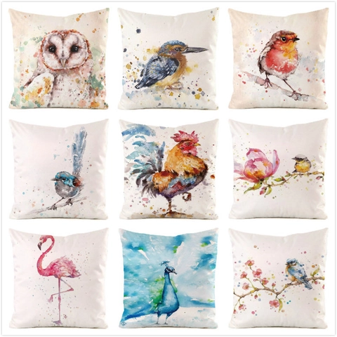 Artistic Watercolor Animal Bird Floral Pattern Satin Throw Pillow Cover 45x45cm Decorative Square Cushion Case For Sofa Home Decor