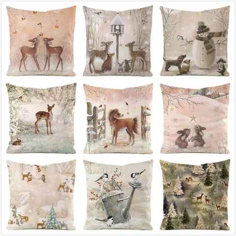 Weihnachts Deko Kissenbezug KunstSatin Winterwald Tierdruck Quadratischer Kissenhülle Für Sofa
