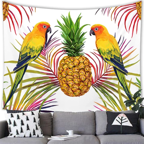 Tropical Parrot Tapestry Wall Hanging Cartoon Rainforest Bird Green Leaf Print Polyester Wall Art Decor for Living Room Bedroom