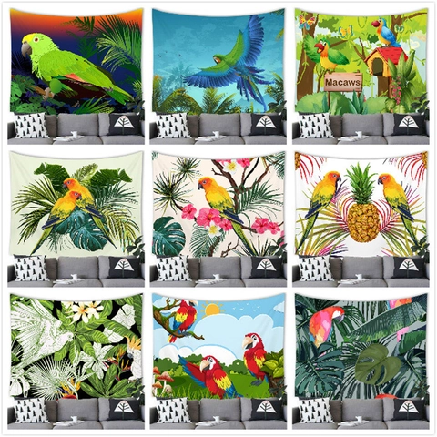 Tropical Parrot Tapestry Wall Hanging Cartoon Rainforest Bird Green Leaf Print Polyester Wall Art Decor for Living Room Bedroom