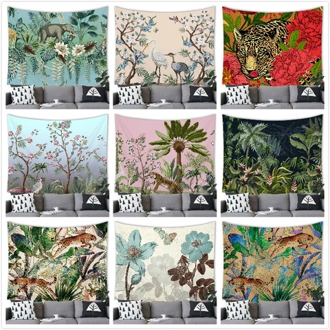 Vintage Tropische Tiere Pflanzen Wandteppich Polyester Pfirsichhaut Wandbehang Decke Für Wohnzimmer Schlafzimmer Kunst Dekor