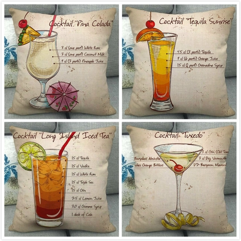 Leinen Kissenbezug Vintage Cocktail Rezept Druck Quadratisch Deko Kissenhülle Für Sofa Wohnzimmer Retro Kunst Deko