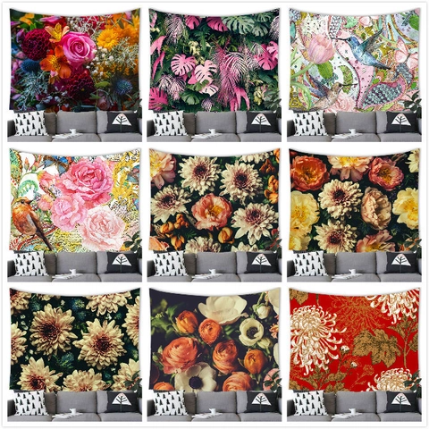 Floral Tapestry Wall Hanging Polyester Fabric Vintage Oil Painting Style Flower Print Decor For Living Room Bedroom