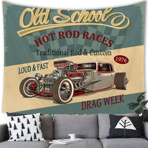 Vintage American Muscle Car Tapestry Polyester Retro Garage Art Route Sixty Six Wall Hanging Poster For Bedroom Home Office Decor