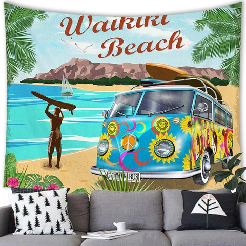Tapiz de Pared Retro Americano Playa Surf Poliéster Piel de Melocotón Palmeras Tropicales Atardecer Autobús Decoración Hogar