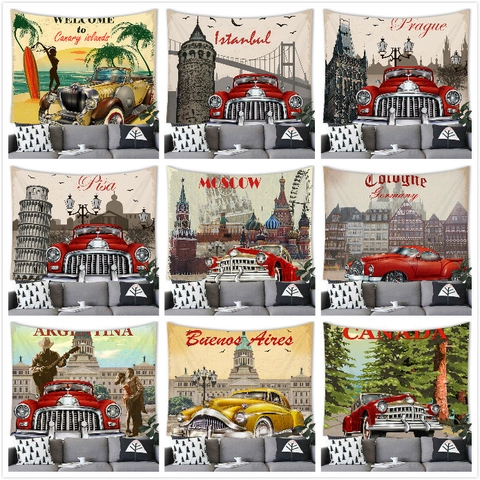 Vintage Cityscape Tapestry Wall Hanging Retro Classic Car Travel Poster World Landmarks Peach Skin Polyester Home Decor