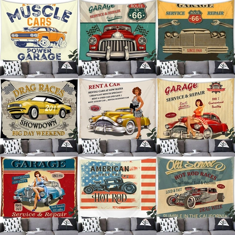 Vintage American Muscle Car Tapestry Polyester Retro Garage Art Route Sixty Six Wall Hanging Poster For Bedroom Home Office Decor