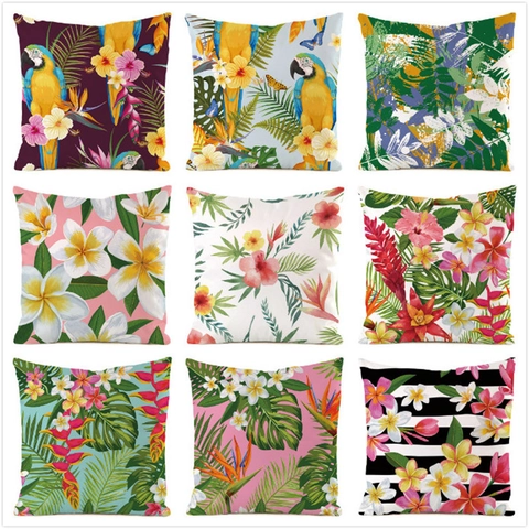 Funda de Cojín Decorativa de Satén Con Estampado de Loro Tropical y Flores Plantas Tropicales Cremallera Oculta Funda de Almohada Para Sala Dormitorio