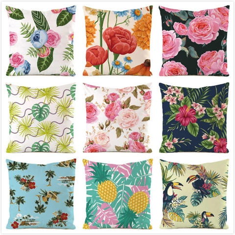 Funda de Cojín de Satén con Flores Tropicales Funda de Almohada Cuadrada Con Cremallera Invisible Para Sofá Impresión Botánica