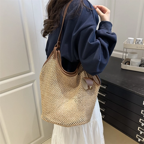 Borsa Tote in Paglia Intrecciata Estiva da Donna Grande Capacità Borsa a Tracolla alla Moda Elegante Borsa a Mano Casual