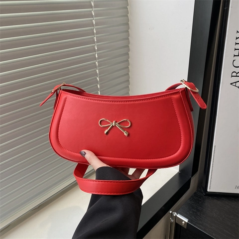 Women Underarm Bag PU Leather Chic Metal Bow Knot Decor Solid Color Vintage Baguette Shoulder Purse Daily Versatile