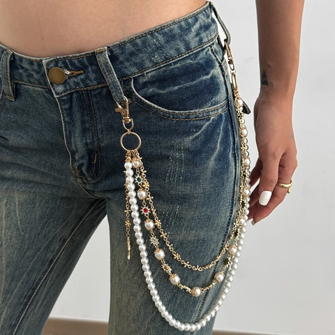 Hip Hop Multi Layer Waist Chain For Women Imitation Artificial Pearl Alloy Cross Pendant Colorful Rhinestone Pants Chain Jewelry