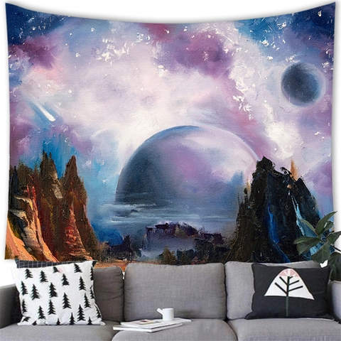 Sci-Fi Outer Space Planet Alien Landscape Wall Hanging Tapestry Polyester Fabric Galaxy Starry Night Backdrop For Bedroom Decor