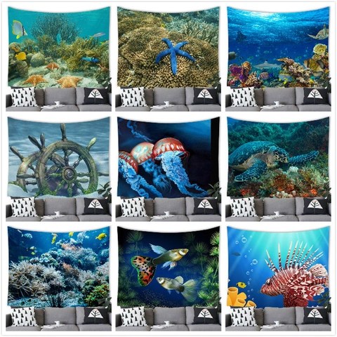 Undersea World Marine Life Wall Tapestry Nautical Ocean Theme Hanging Decor Polyester Fabric Large Wall Art For Living Room Bedroom Dorm Decor